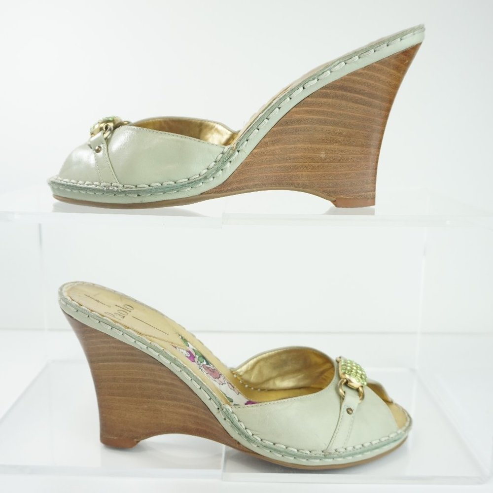 Linea Paolo Wedge Heel Peep Toe Sandal Shoe Mint Green Womens Size 6M